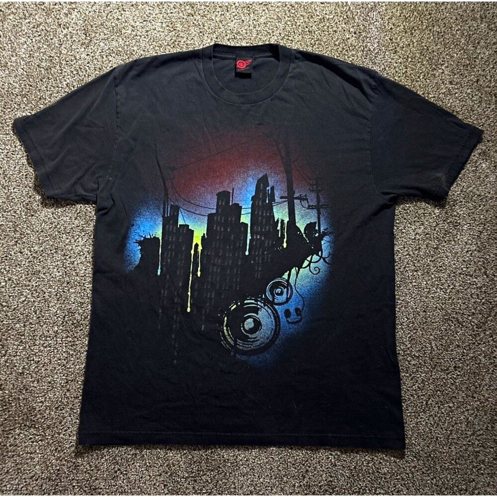 Mens L Black Cotton City Skyline Graphic Print Crew Neck Short Sleeve T-Shirt